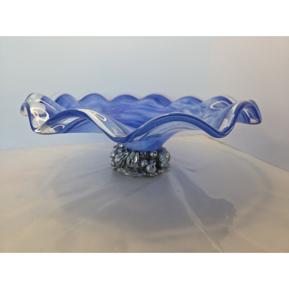 Vintage Italian CRISTALLI D'OGGI Blue Swirls 12" Bowl w/Silvertone Fruit Base